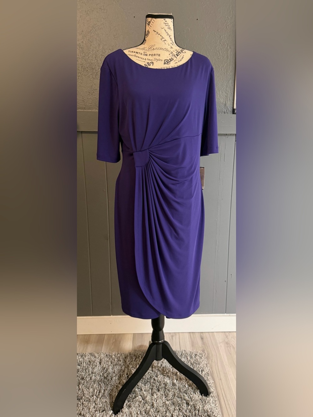 Connected Purple Knee-Length Draped Knot Midi Dress 14 Petite